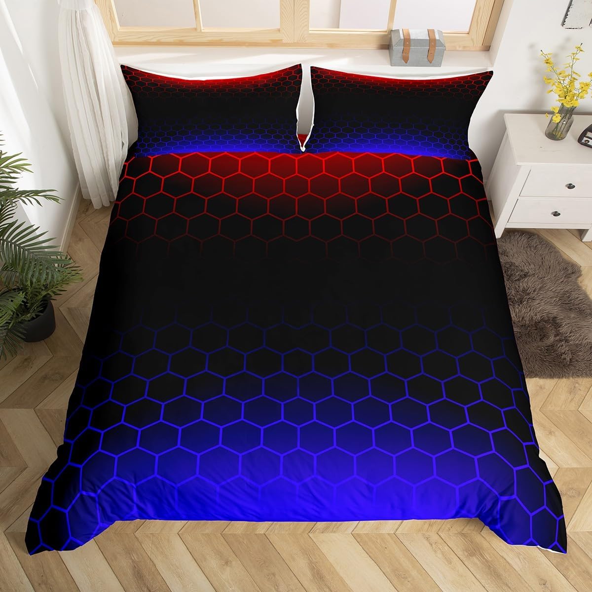 Feelyou Red Blue Ombre Hexagon Comforter Cover Queen Size, Honeycomb Duvet Cover Geometry Hexagon Bedding Set for Kids Boys Girls Abstract Red and Black Bedspread Cover Bed Set with 2 Pillow
