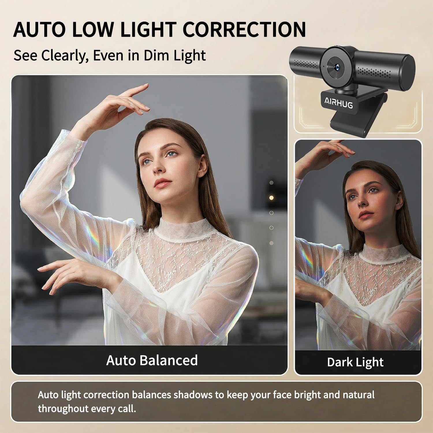 AIRHUG Webcam 4K 30fps con doppio microfono omnidirezionale e copertura per la privacy | Sensore Sony 16MP, autofocus PDAF, correzione automatica della luce, vista messa a fuoco a 63°, Plug & Play USB