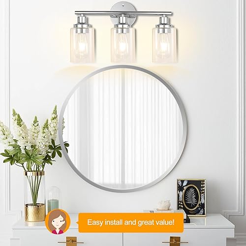 Miniatura 5 de Lámparas de baño cromadas, 3 lámparas plateadas, modernas lámparas de pared con pantallas de vidrio transparente, lámpara de pared para espejo,
