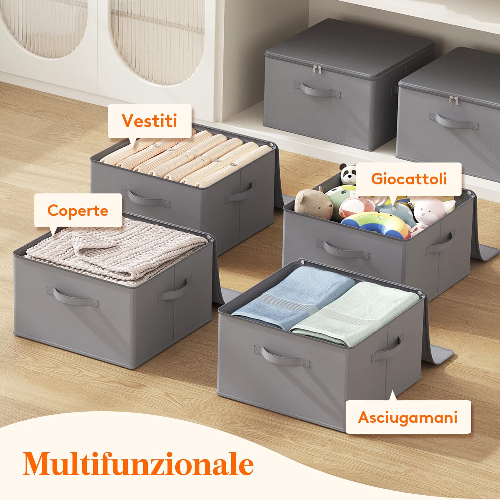 Lifewit Scatole Portaoggetti Tessuto 40L Set di 3, Ceste Portaoggetti con Coperchio, Contenitori per Armadio con Cerniera, Scatole per Armadio Salvaspazio per Vestiti 40×40×25cm, Giocattoli, Grigio