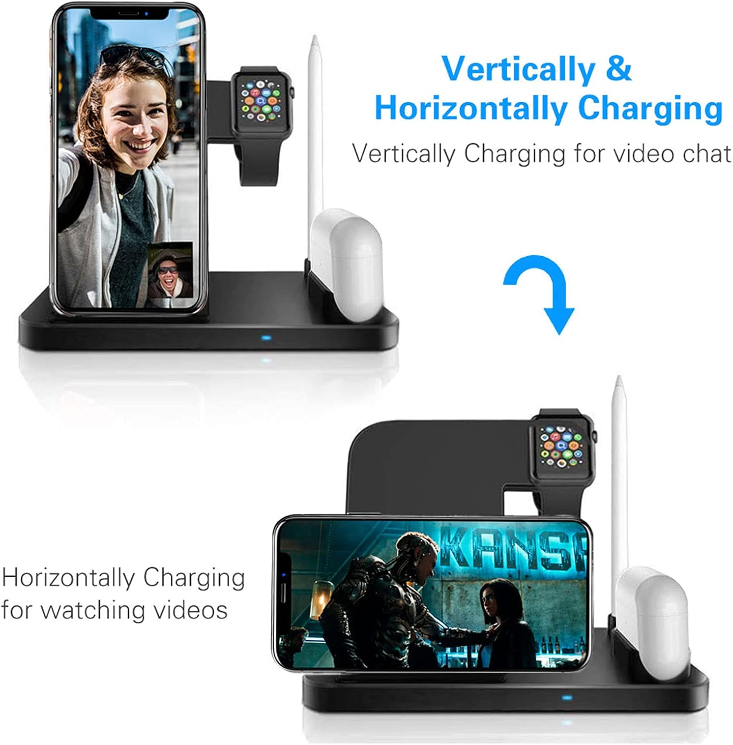 Wireless Charger Dock 4 in 1 Fast Charging Station, iKALULA Nightstand QI Quick Charger, Foldable Adjustable Stand : Cell Phones & Accessories