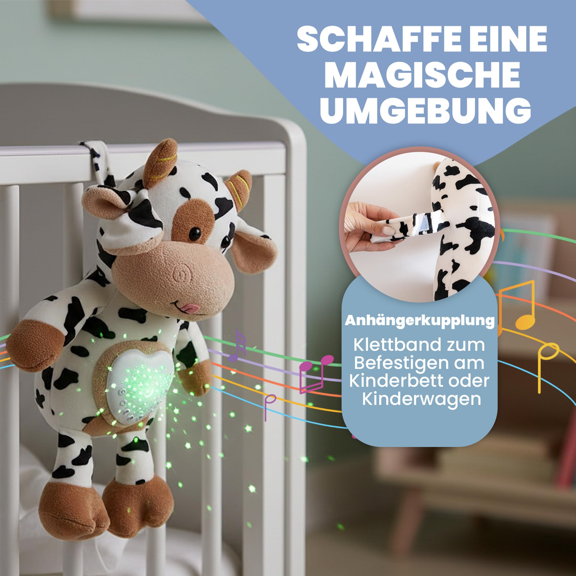 Kuschelspielzeug Kuh mit weißem Rauschen Maschine Baby & Baby Nachtlicht - USB Wiederaufladbar, Auto Timer 20/40/60 Min, Waschbar - Ideal als Spieluhr Baby Jungen und Einschlafhilfe für Babys
