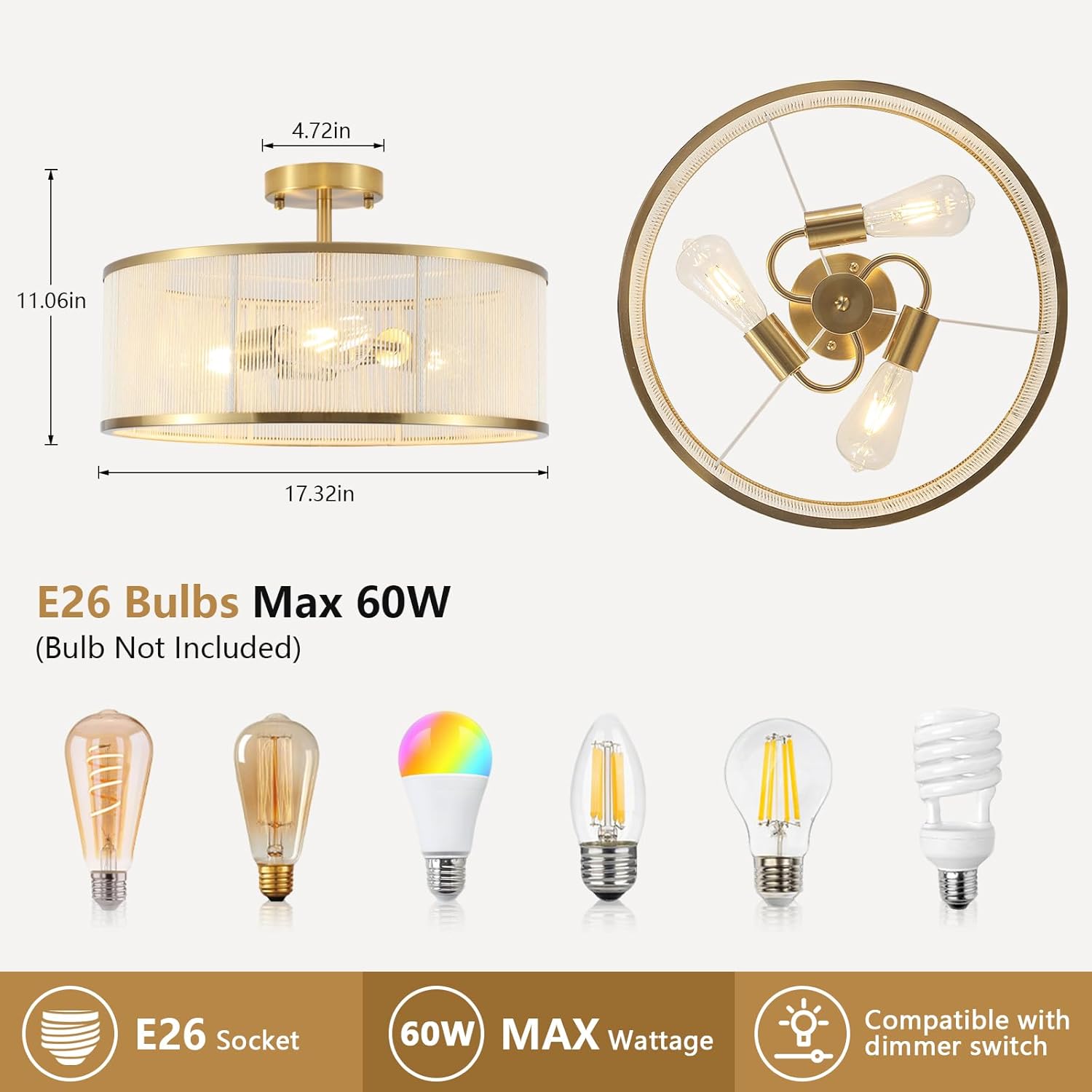 17.3" Boho Gold Semi Flush Mount Ceiling Light Modern Fixtures Ceiling Mount with Hand-Woven Rope Shade 3-Light Drum Lighting Fixtures Close to Ceiling Light for Bedroom Living Room Hallway Kitchen