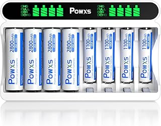 POWXS LCD 8 slot AAA AA Battery Charger,Fast Charging Function with 4 x 2800mAh Rechargeable AA Batteries& 4 x 1100mAh AAA Rechargeable Batteries -5V 2A Micro USB and Type C Input Battery Charger