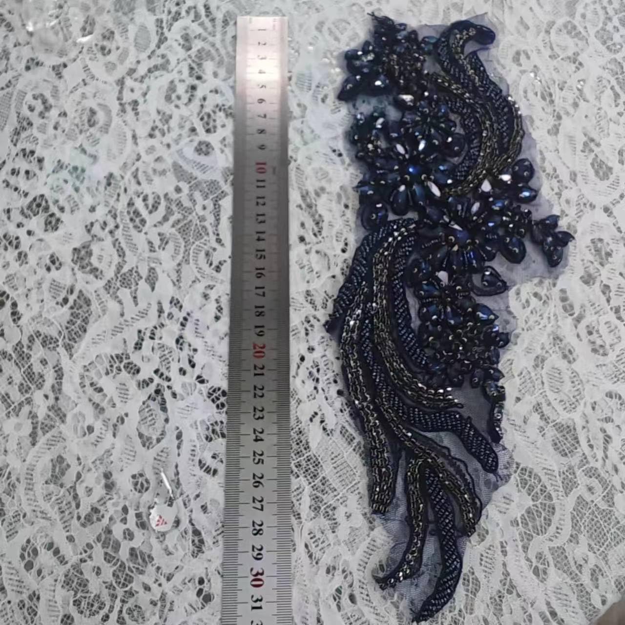 Handmade Beaded Rhinestone Appliques, Sew on Crystal Flower Lace Patch, 12.59 x 4.72 inches, Multi-Color Pairs for DIY Clothing, Wedding Dress, Home Decor (Royal Blue)