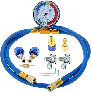 R134A R12 R22 Refrigerant Charging Hose with Gauge Kit, AC Recharge Hose with Gauge and BPV31 Bullet Piercing Tap Valve, R134a Can Tap Valves, R134a Quick Coupler