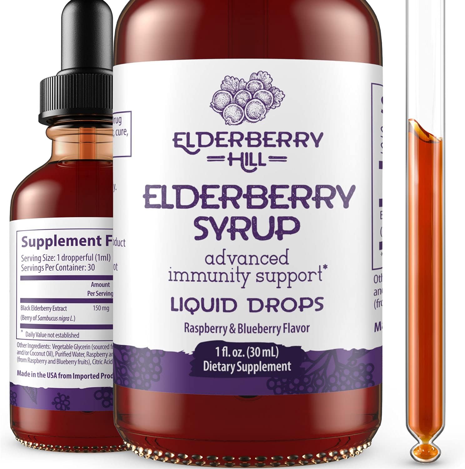 Elderberry Drops Liquid Extract, Daily Immune Support, 10x Strength Concentrate Syrup for Kids and Adults, No Added Sugar, Black Sambucus, 30 Servings