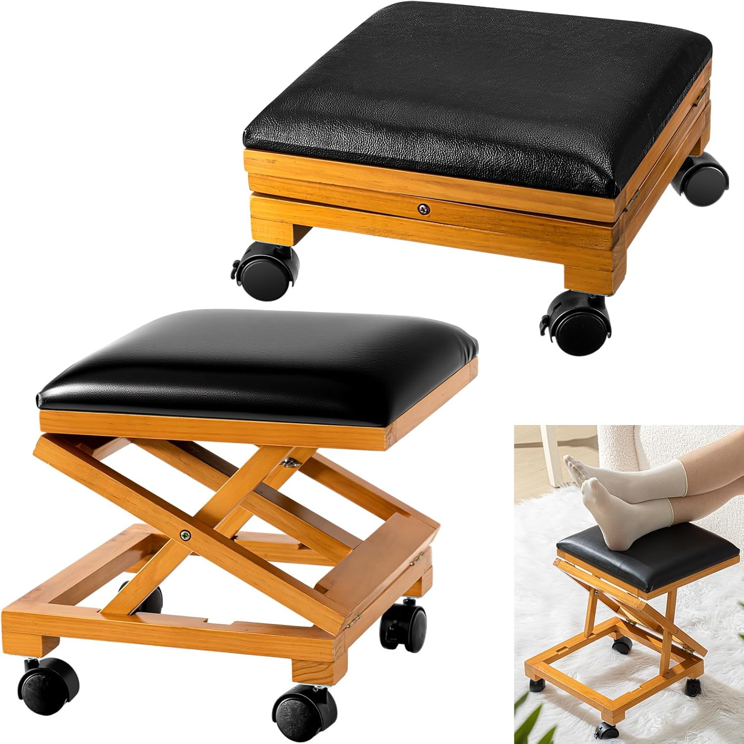 2 Pack Rolling Adjustable Foot Rest Foldable Under Desk Ottoman with Wheels Leather Foldaway Guitar Foot Stool for Home Office Living Room Bedroom 2 Leather