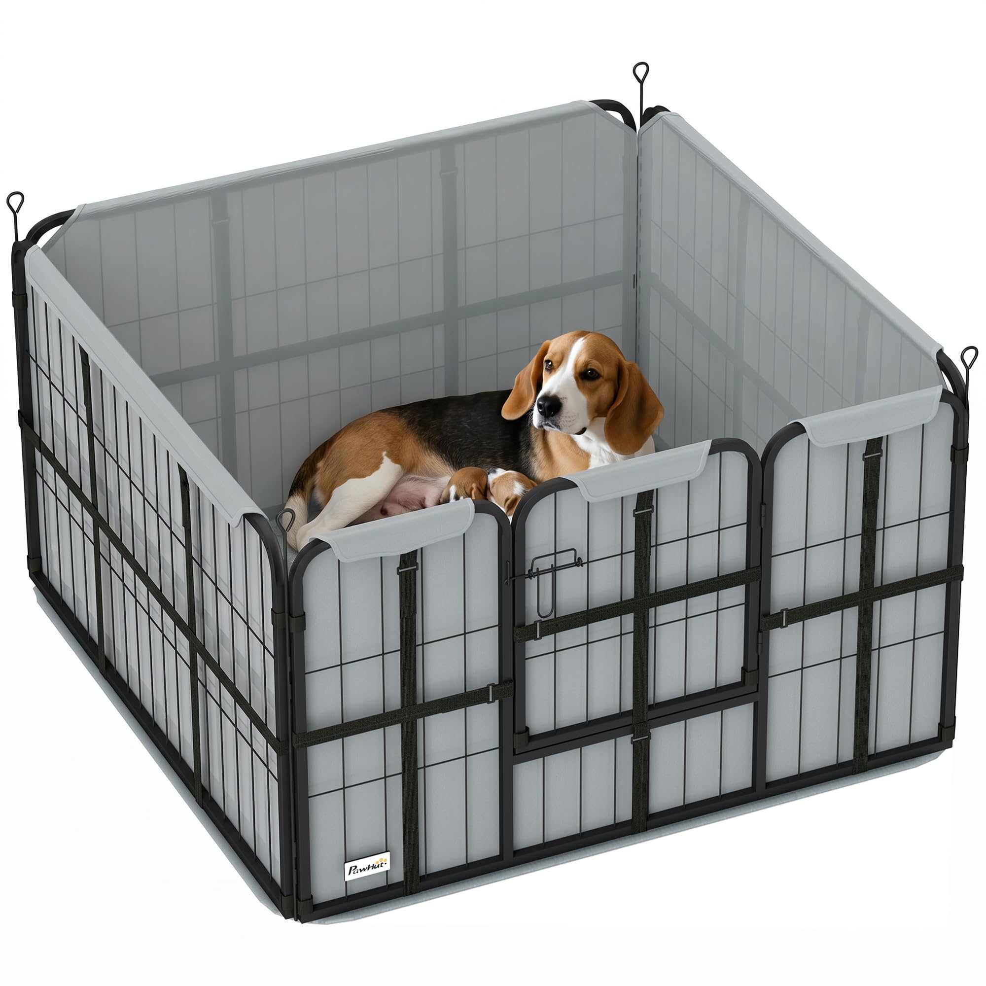 PawHut Whelping Box for Dogs and Puppies, 4 Panel Whelping Pen with Washable Whelping Pad, Wind-Resistant Cloth, Lockable Door, Dog Playpen for Small and Medium Breeds, 102 x 102 x 60cm