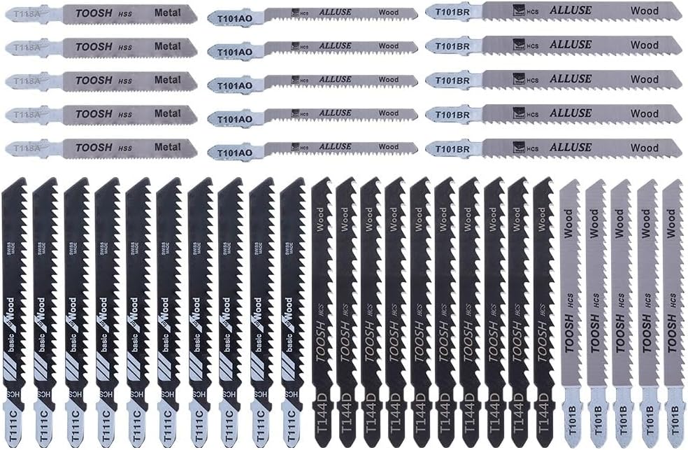 Jig Saw Blades 40Pcs HCS Woodworking Tool Saw Blade Jig Set Assorted Blades Fast Cut Down T118A/T101AO/T101BR/T111C/T144D