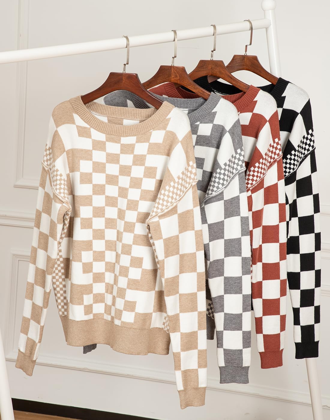 KevaMolly Womens Long Sleeve Sweaters Checkered Print Drop Shoulder Round Neck Sweater Casual Daily Winter Sweater - Image 3
