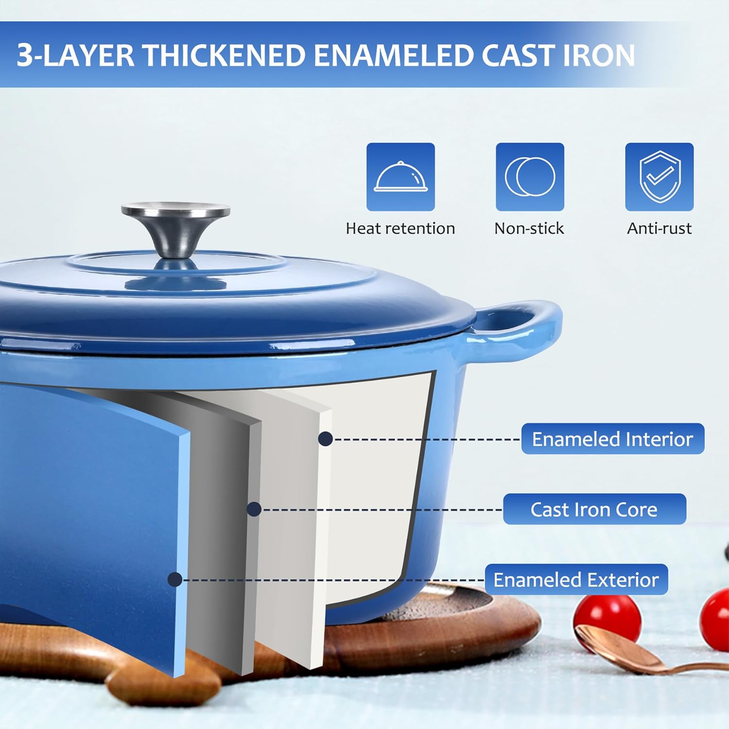 LIANYU 6 QT Enameled Cast Iron Dutch Oven with Lid & Silicone Trivet Mat, Round Oven Pot for Sourdough Bread Baking, Heavy-Duty Cookware Pot for Cooking, Dual Handles, Oven Safe up to 500°F, Blue