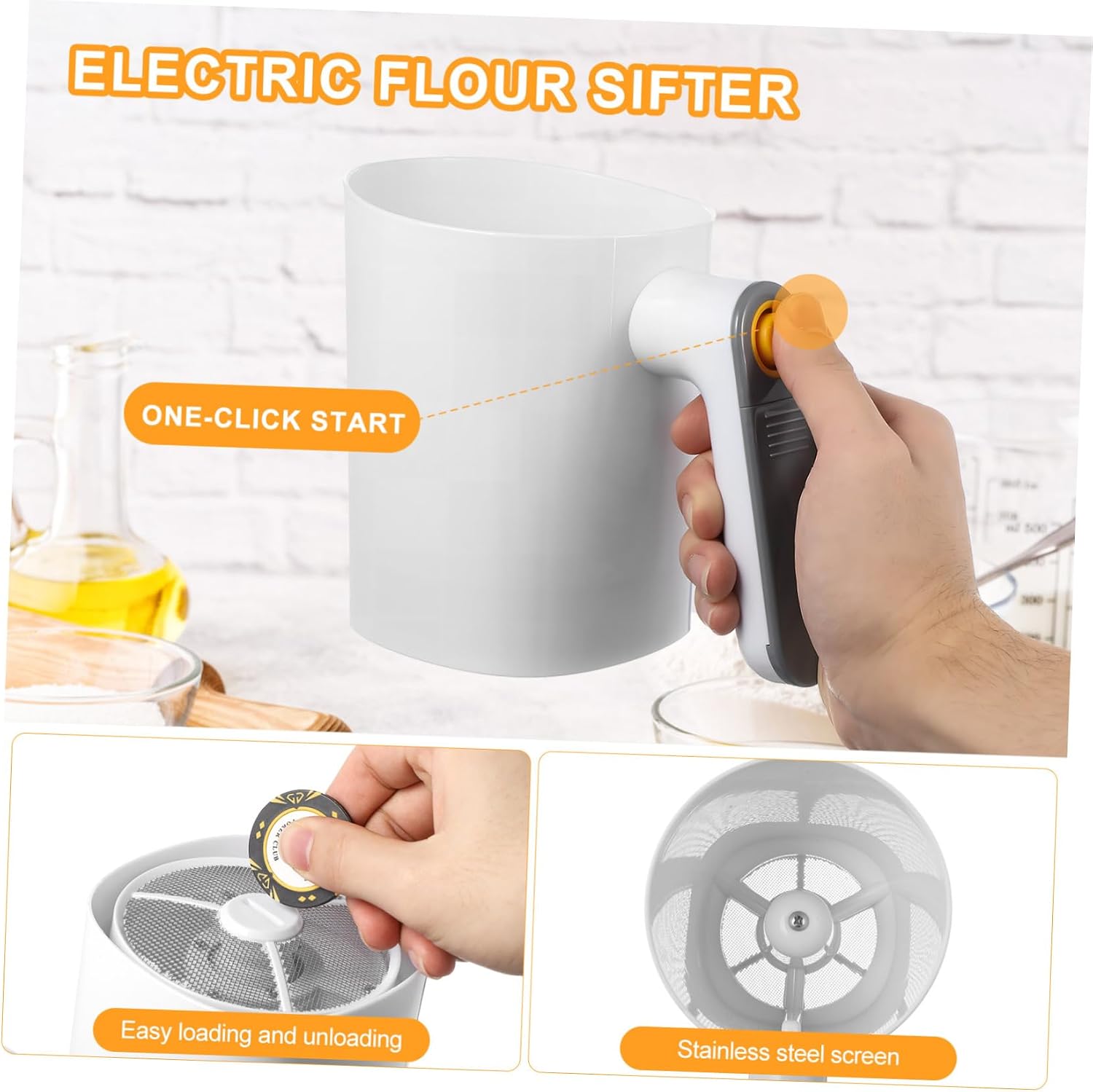 Ciieeo Electric Handheld Flour Sifter with Stainless Steel Mesh High Efficiency Automatic Powder Strainer for Baking and Cooking Rapid Large Quantity Flour Processing Tool for Home and