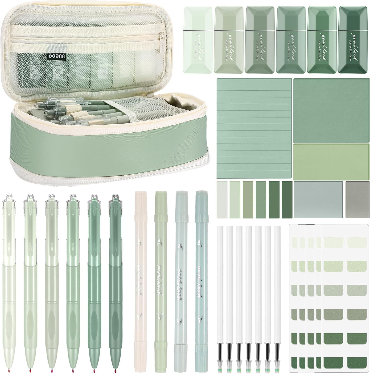 Janlaugh 38 Pcs Aesthetic College School Supplies with Pen Case Sticky Notes Gel Pens Highlighters Correction Tapes Back to School Stationery Kit(Green Color,Classic)