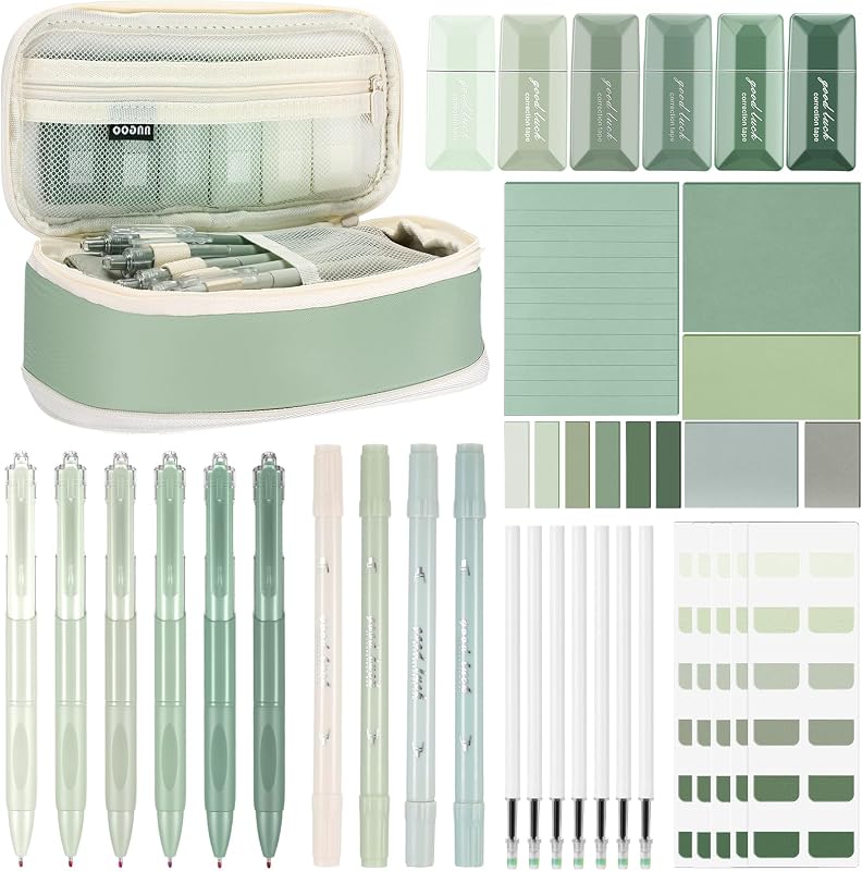 38pcs Aesthetic Office Supplies Kit, Green Color, Classic | Stationery Kit, Gel Pens Sticky Notes Highlighters Correction Tapes, Mesh Organizer Case, Office Work Desk, Back to School