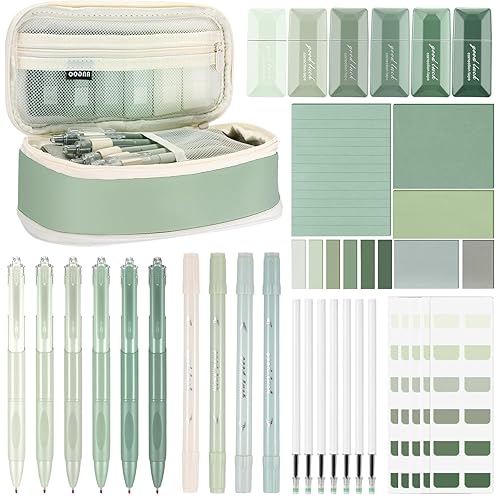 Janlaugh 38 Pcs Aesthetic College School Supplies with Pen Case Sticky Notes Gel Pens Highlighters Correction Tapes Back to School Stationery Kit(Green Color,Classic) - Green Color - Classic