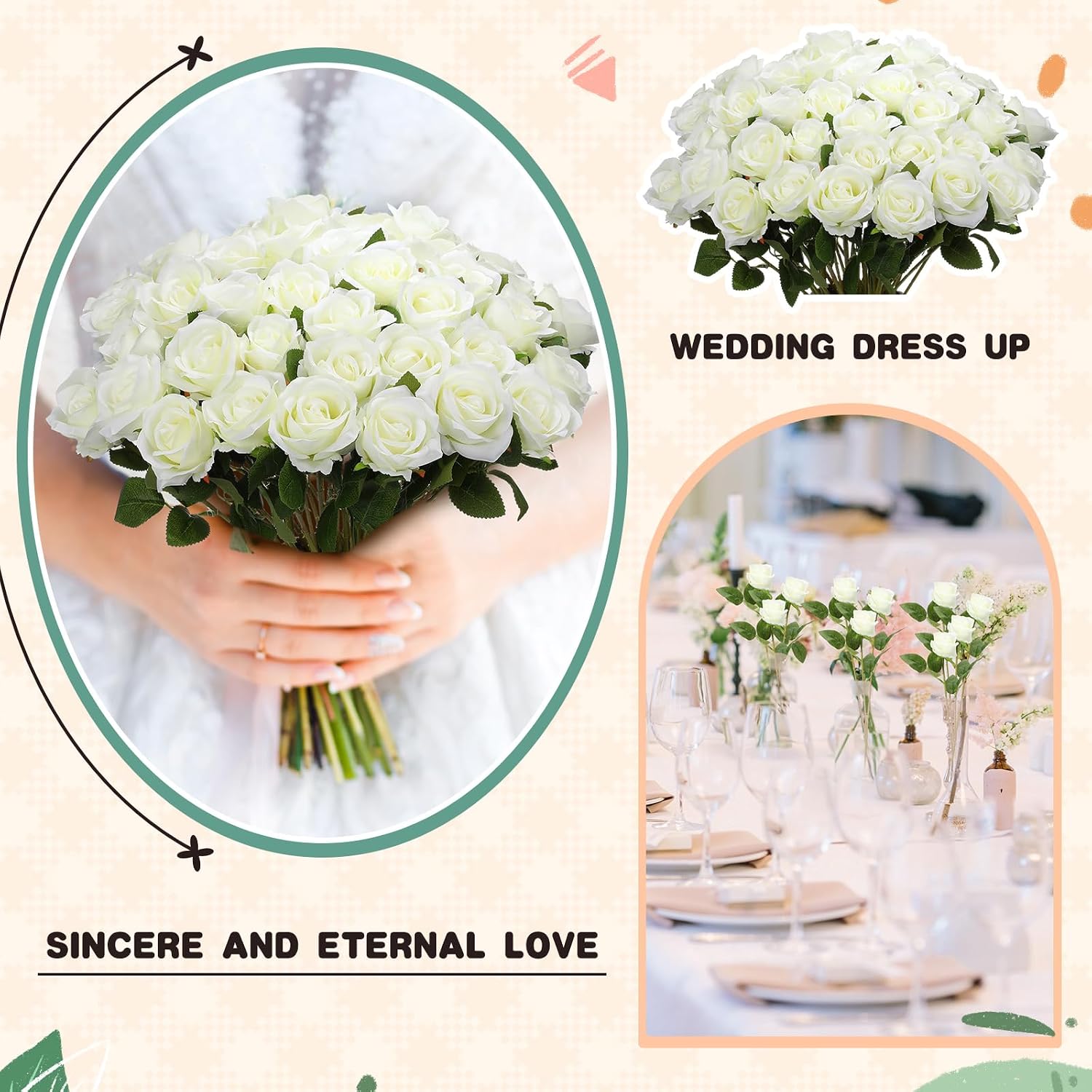 Tigeen 150 Pcs Artificial Silk Roses Flowers Bulk for Weddings, Valentine's Day & Home Decor - Realistic Long Stem Flowers(White)