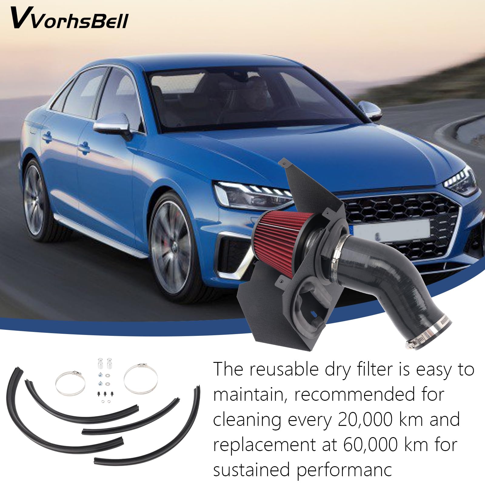 Condition photo showing New/Like New for cold air intake system compatible with 2019+ audi s4 b9 3.0t & audi s5 b9 3.0t tfsi performance intake kit with 3.5" dry filter