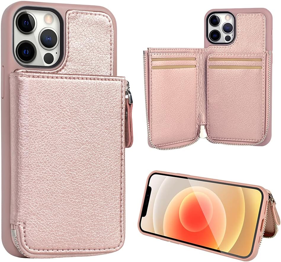 LAMEEKU Wallet Case Compatible with iPhone 12 Pro/iPhone 12 6.1", Leather Case with Card Holder Slot Money Pocket, Back Flip Protective Phone Cover Design for iPhone 12 & 12 Pro (2020) Rose Gold