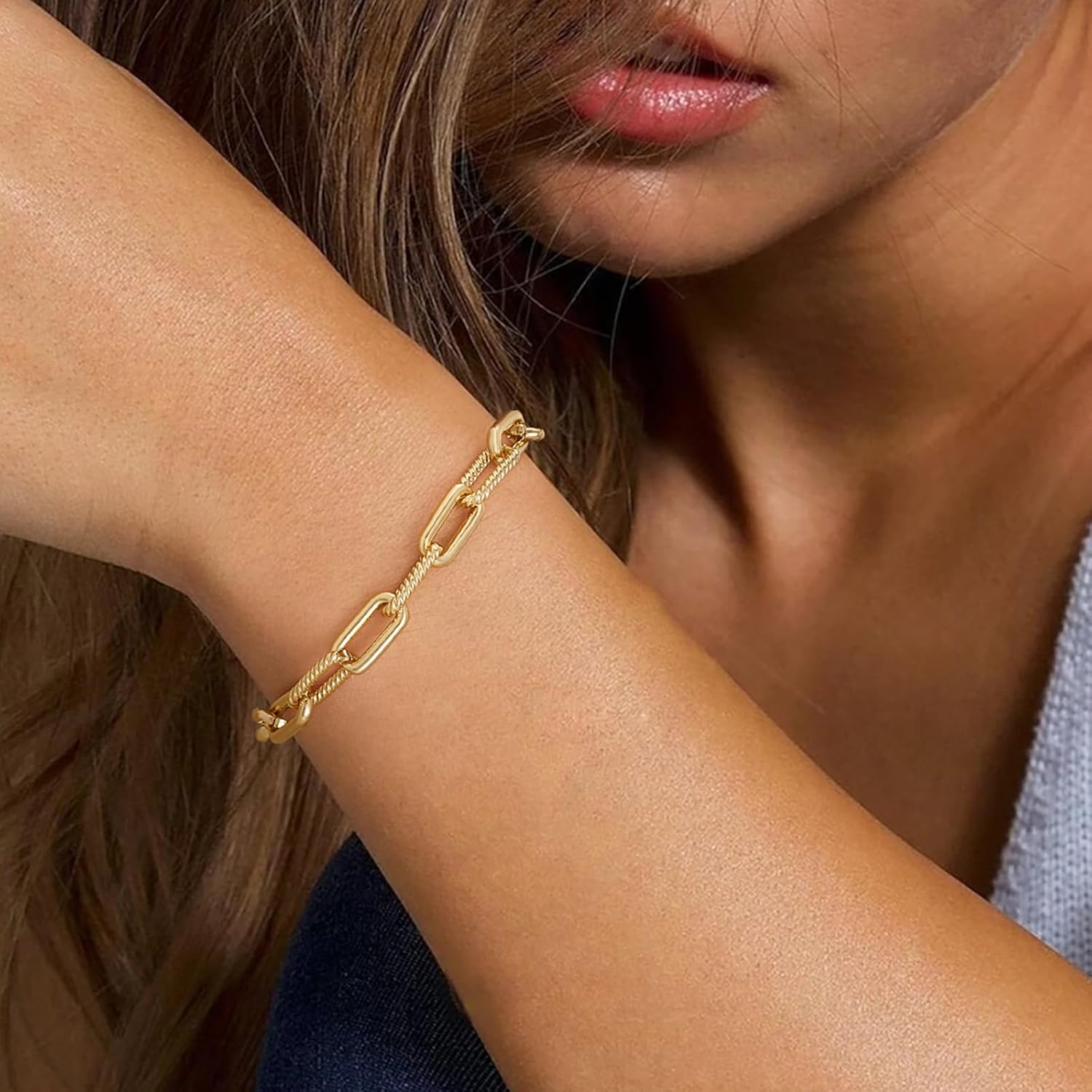BENEIGE Women Bracelet 14K Gold Plated Paperclip Satellite Bead Ball Oval Cuba Cable Box Chain Daily Charm Layered Link Silver Bracelets Adjustable Jewelry image 2
