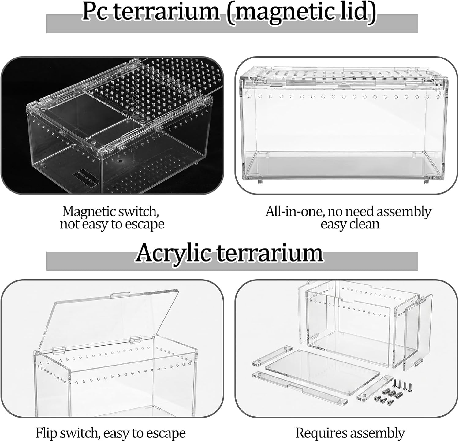 2-Pack Acrylic Terrarium, Large Tarantula Enclosure with Magnetic Lid, Escape-Proof Spider Cage, Hermit Crab Tank, Reptile Habitat for Geckos, Frogs, Isopods