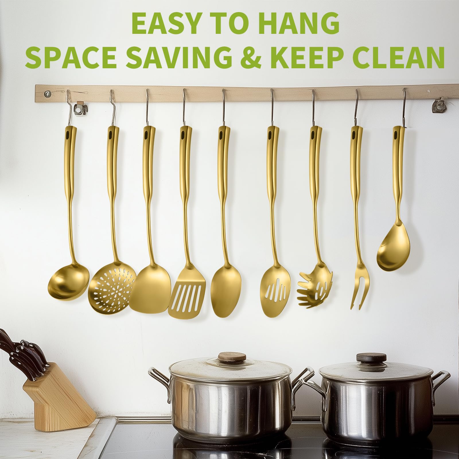 Set di utensili da cucina in acciaio inox 304, 9 pezzi, schiumarola, mestolo da zuppa, paletta per spaghetti, spatola wok, cucchiaio scanalato e solido, spatola scanalata, forchetta per carne e