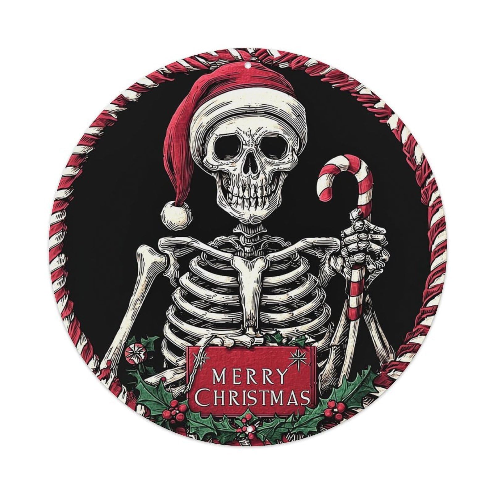 Skeleton Wearing Santa Hat Retro Metal Tin Sign, Vintage Metal Poster for home, Gaming Room, Studio Workshop,Bar,Garage Wall Art Decor 8x8 inch