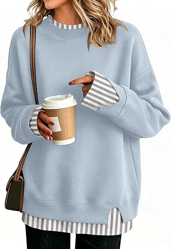 LMRXOFE Crewneck Sweatshirts Women, Layered Striped Fake 2-Piece Plus Size Sweat