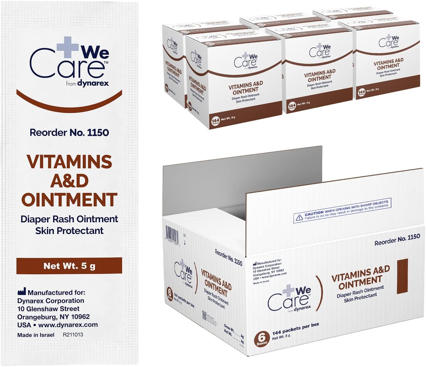 Dynarex Vitamins A & D Ointment, Ointment with Vitamin A and Vitamin D Skin Protectant, for Discomfort and Diaper Rash, White, 6 Boxes of 144-5g packets