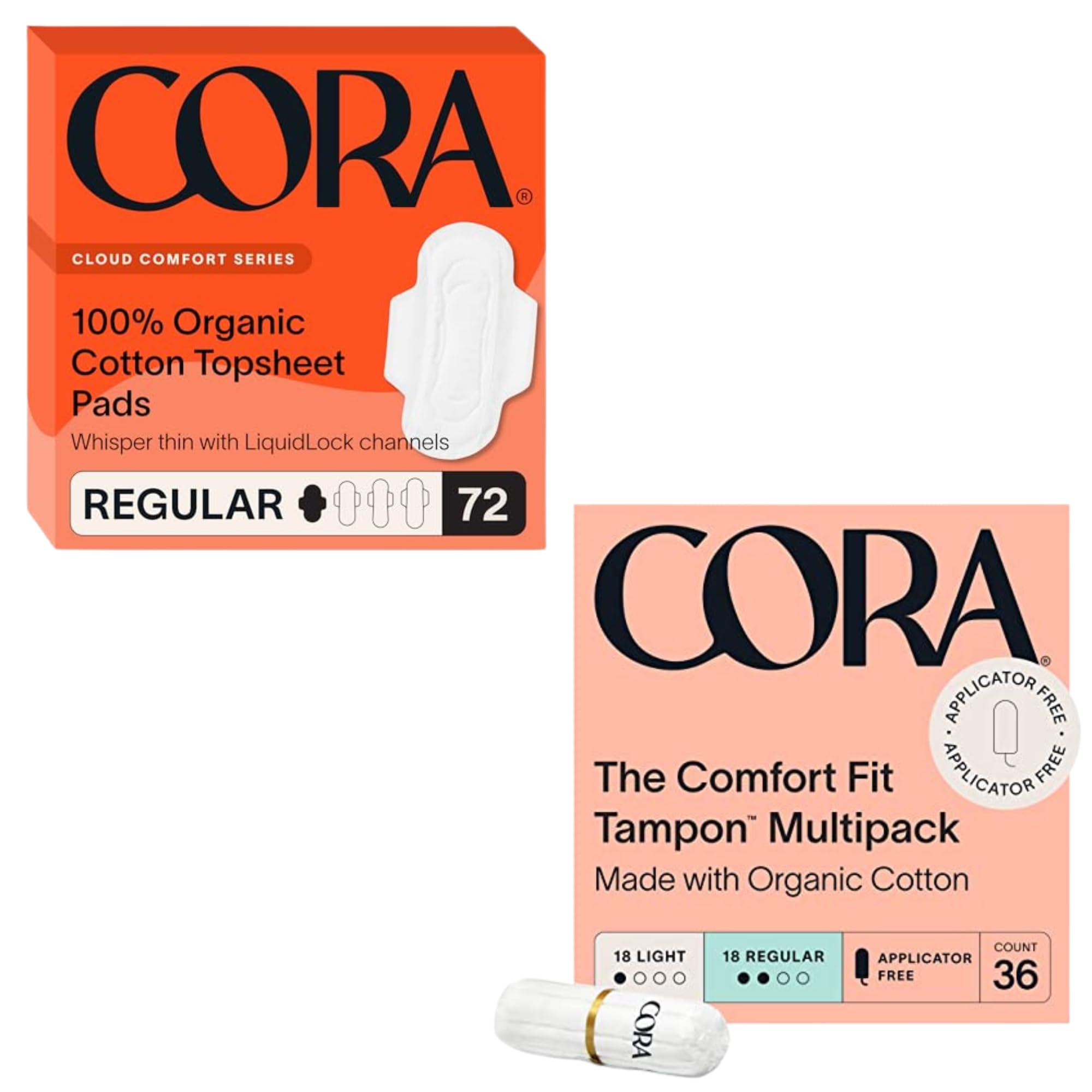 Cora Organic Feminine Care Regular Pads with Wings and Non-Applicator Tampon Pack Ultra-Absorbent Unscented Natural Non-Toxic 72 Regular