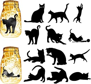 CREATCABIN 12Pcs Black Cat Silhouettes Mason Jar Decor Laser Cut Cardboard Scrapbook Cutouts Die Cuts PVC Decoration for DIY Crafting Lantern Jars Wall Painting Window Glass 3.9x3.5Inch-No Sticker