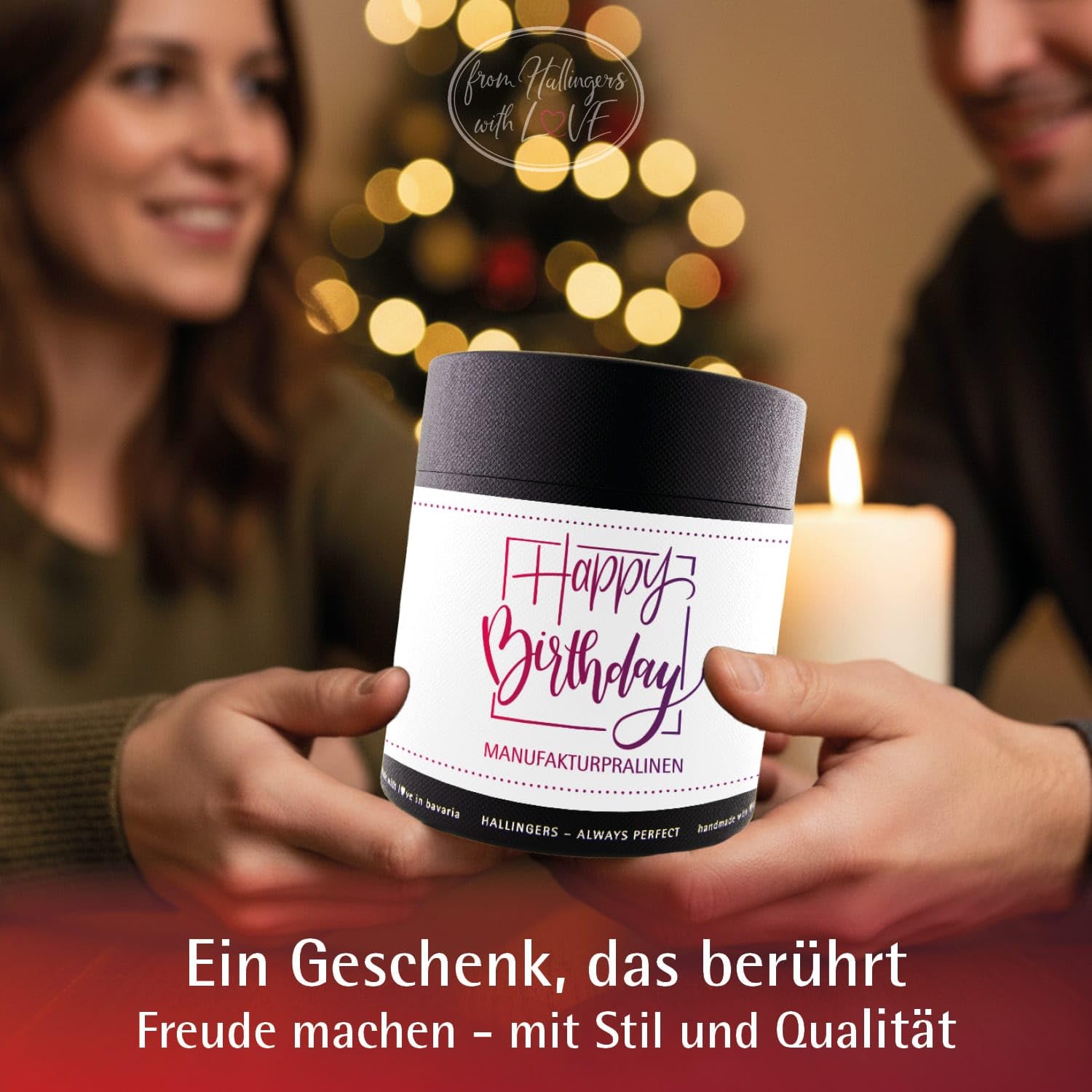 Hallingers Genuss Manufaktur Pralinen Geburtstagsgeschenk - ohne Alkohol, handmade aus Confiserie-Edelkakao in wertiger XXL-Geschenkdose "Happy Birthday ...", Geschenke für Frauen Freundin