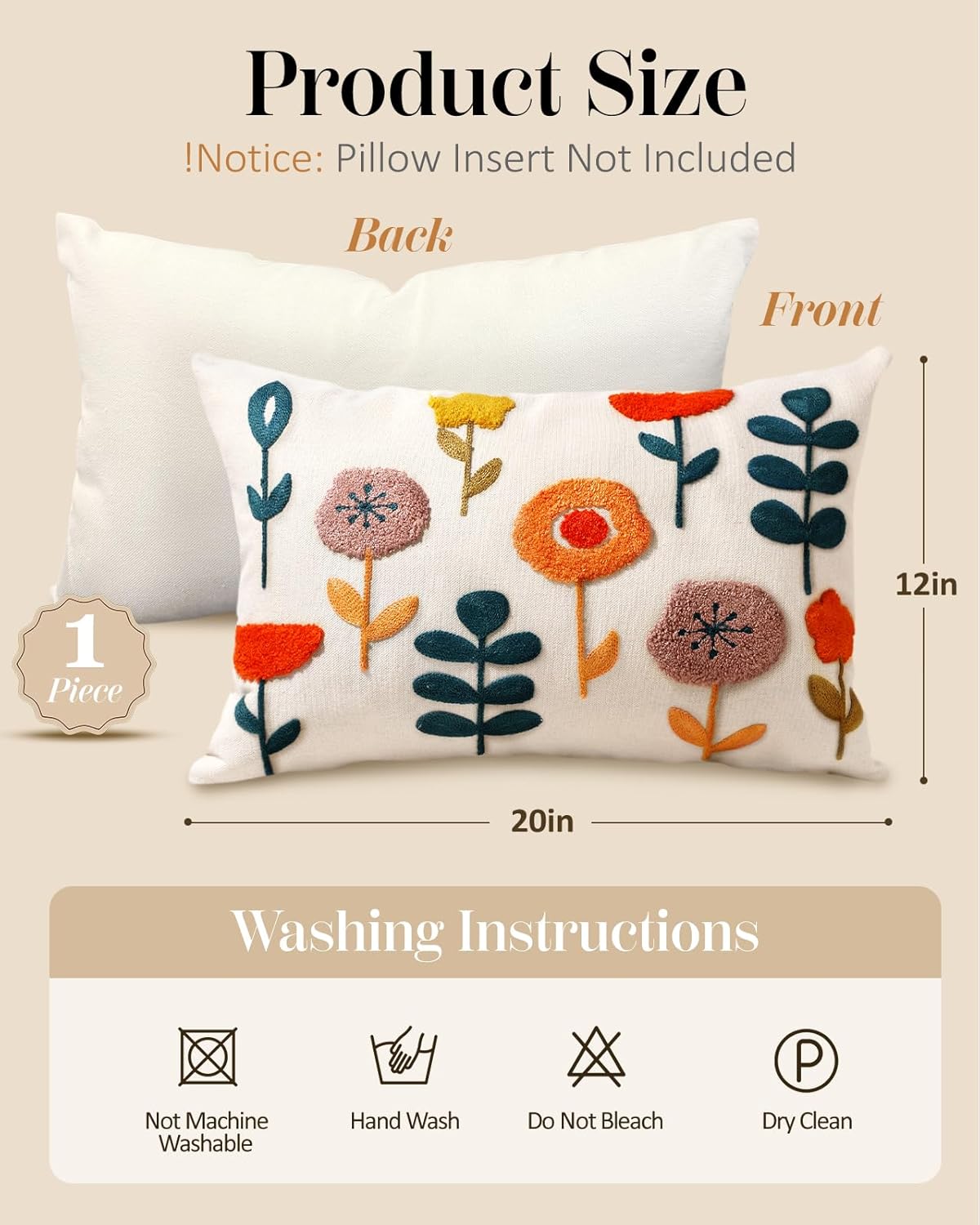 Embroidered Lumbar Pillow Cover - 20x12 Decorative Pillow Cover with Zipper Aesthetic Cute Design Boho Spring Summer Cozy Throw Pillowcase for Living Room Couch Sofa Bed, Plants - Image 4