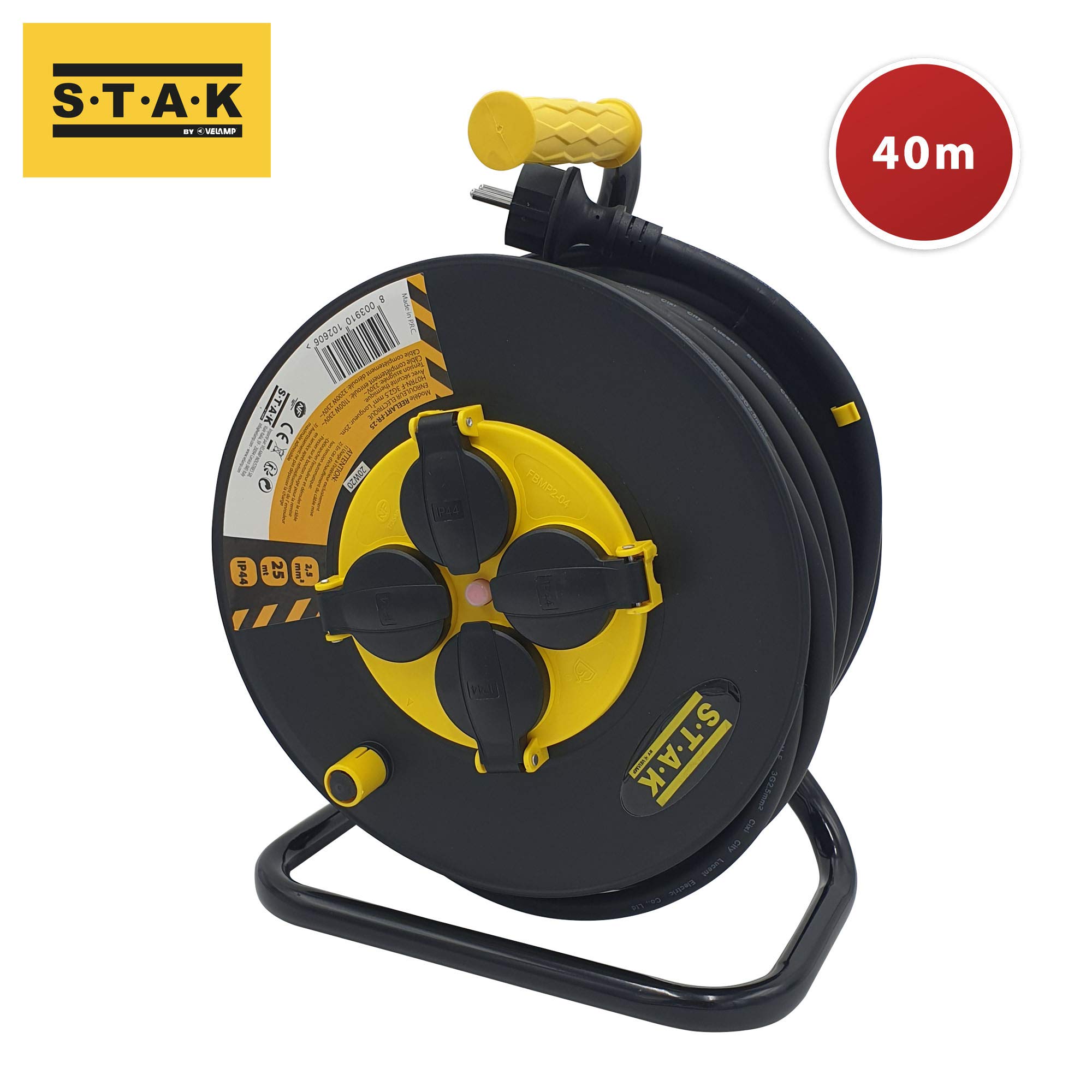 Stak REELART-FR-40 Avvolgicavo elettrico professionale, water proof IP44 cavo 40 m in gomma 3G2,5 mm2 per cantiere, bricolage, giardino, 4 prese, struttura in acciaio, nero