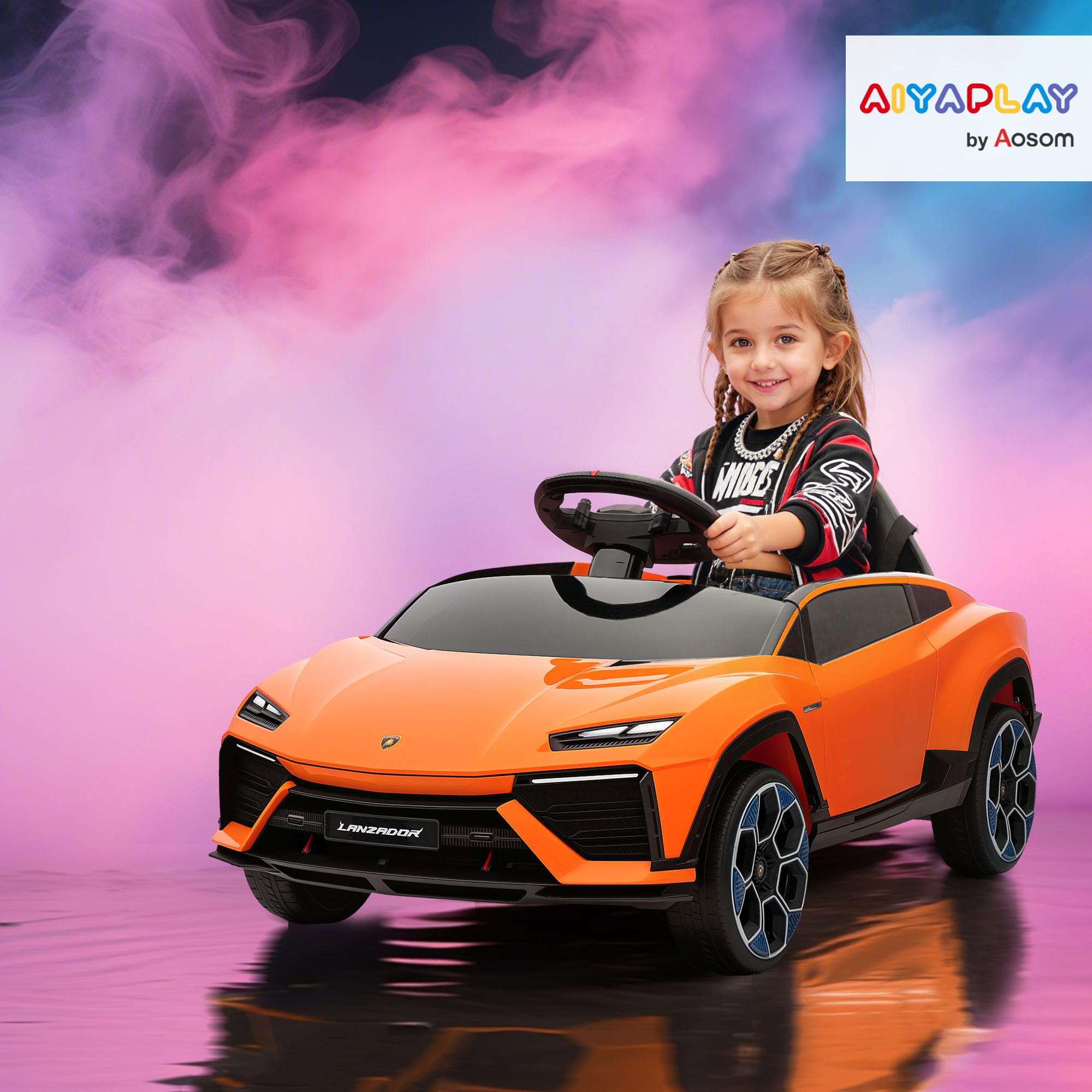 AIYAPLAY Macchina Elettrica per Bambini 3-8 Anni Lamborghini con Porte a Forbice, 12V Auto Elettrica per Bambini con 2 Motori, Sospensioni, Telecomando, MP3, Musica, Rotelle e Maniglia, Arancione