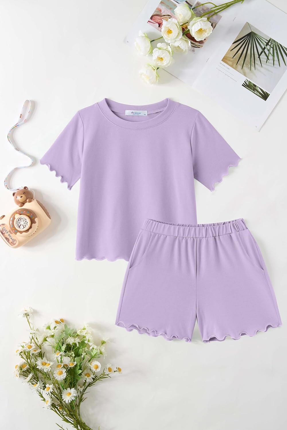 Arshiner Toddler Girls Clothes Ruffle Short Sleeves Crewneck Tops and Shorts with Pockets Cute Summer 2 Pieces Short Sets - Image 2