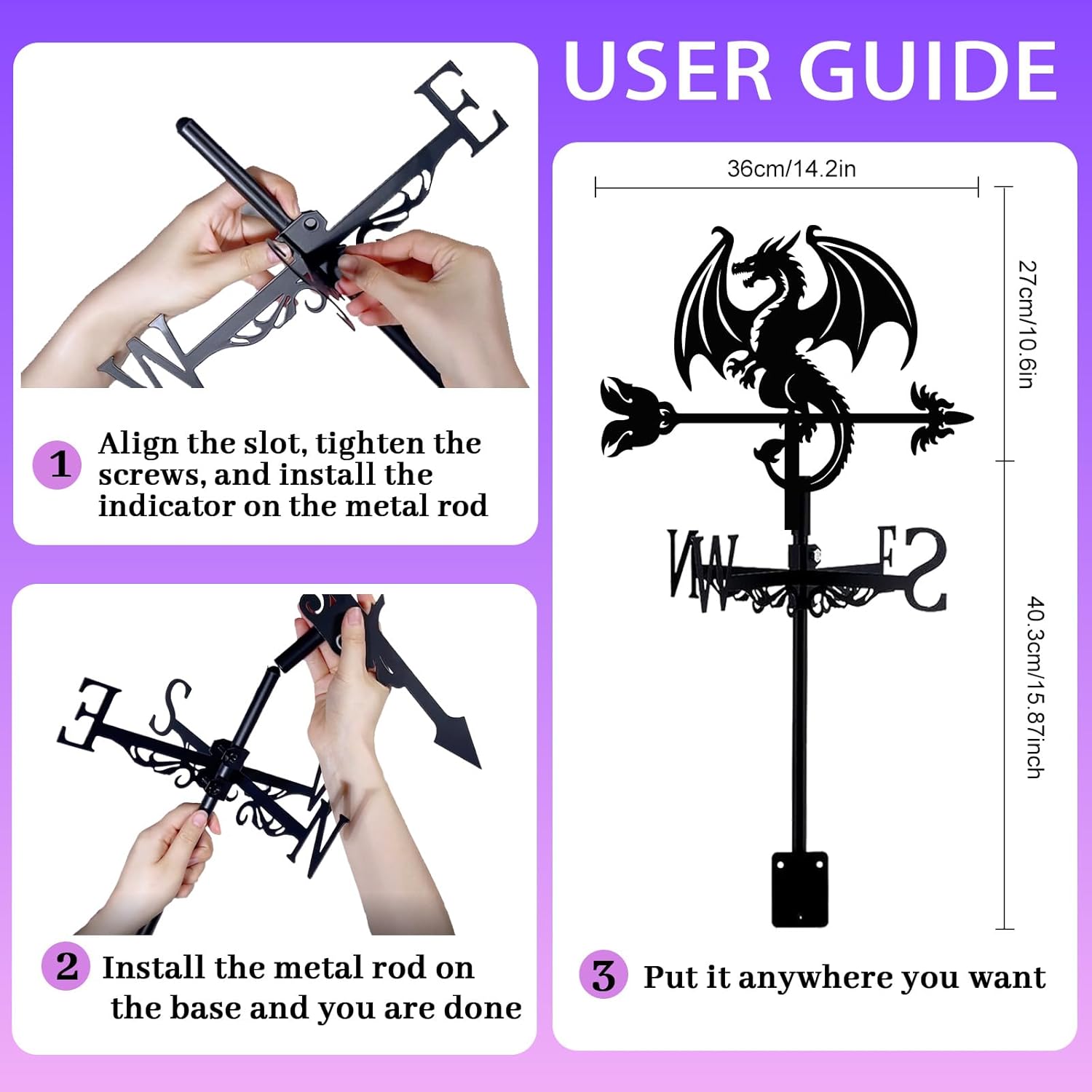 Dragon Weathervane Metal Wind Vane Arrow Weathercock Garden Decoration Wind Direction Indicator Stake Roof Mount Ornament for Farmhouse Yard Outdoor