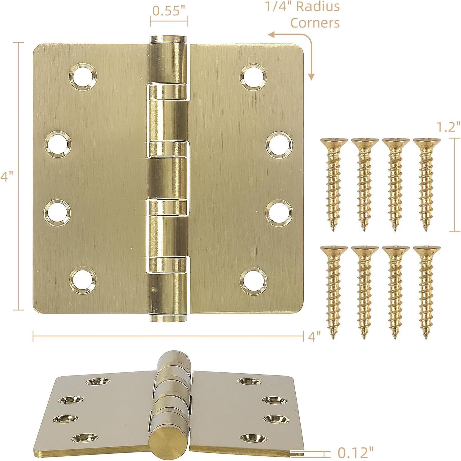 6 Pack Gold Ball Bearing Door Hinges, 4.0 x 4.0 Inches Heavy-Duty Stainless Steel Door Hinges for Exterior & Interior Doors, 1/4" Radius Corners
