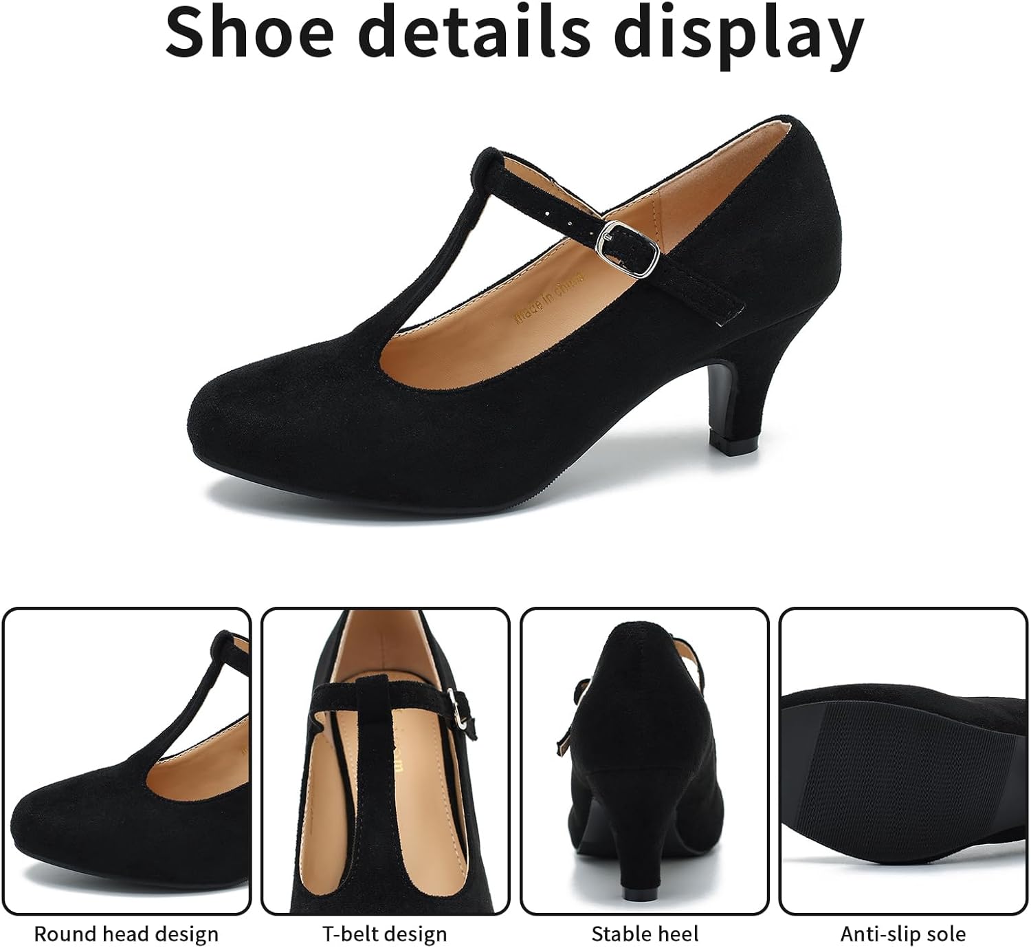 Women's Pumps Low Kitten Heels Mary Jane Retro T-Strap Comfortable Office Work Dress Shoes Black Velvet-40US 8 - Image 3