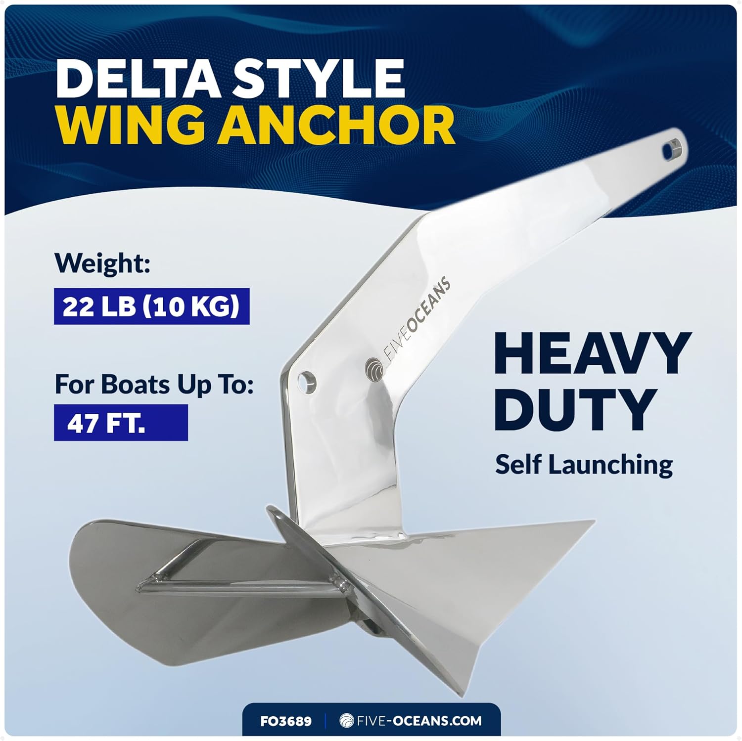 Five Oceans Delta Style Wing Boat Anchor – Premium Series, Ideal for Pontoon & Fishing Boats, Multiple Size & Material Option