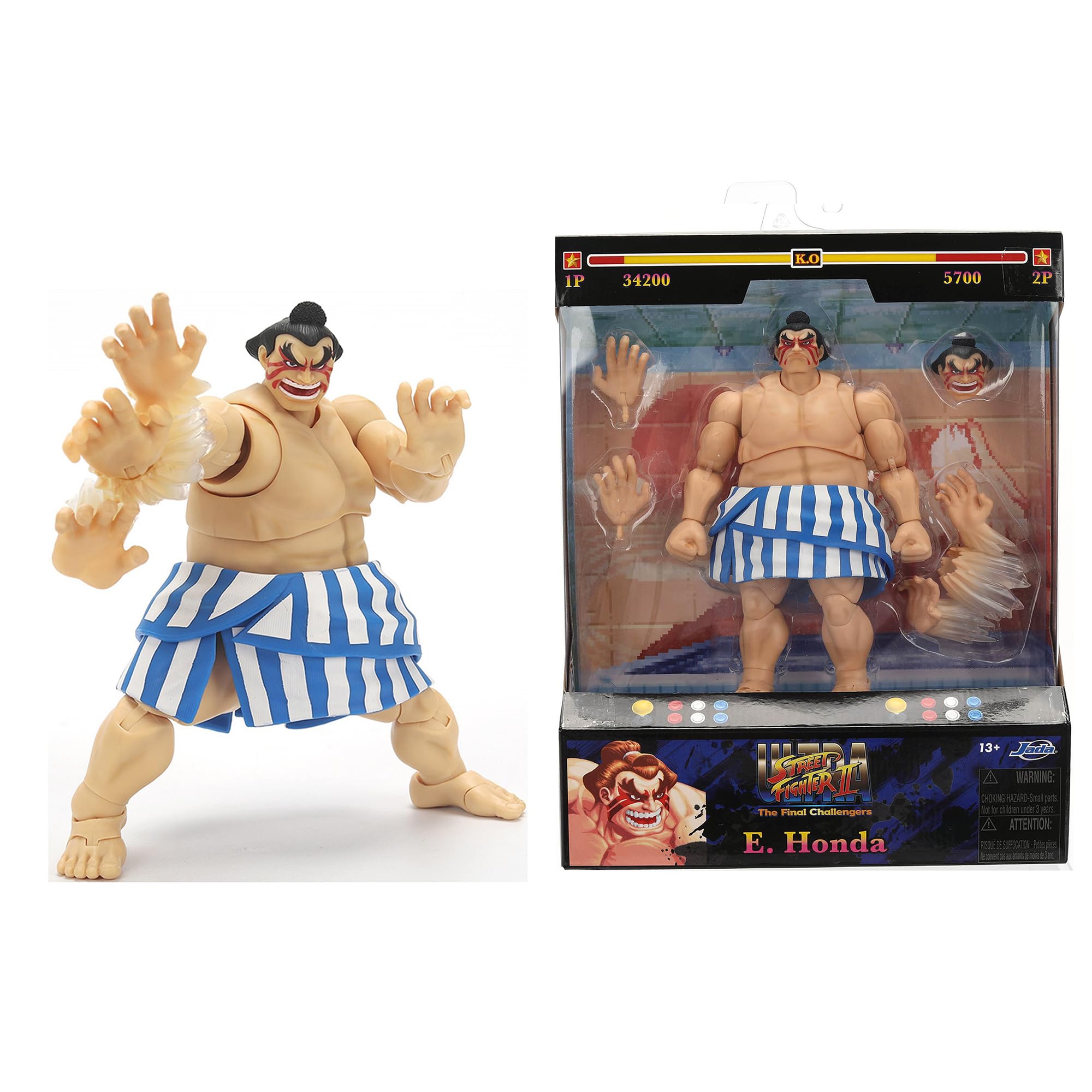 Jada Toys Street Fighter figurka E. Honda (16 cm) - ruchoma figurka kolekcjonerska i akcji z Street Fighter 2: The Final Challengers, z alternatywną głową, rękami i akcesoriami, od 13 lat