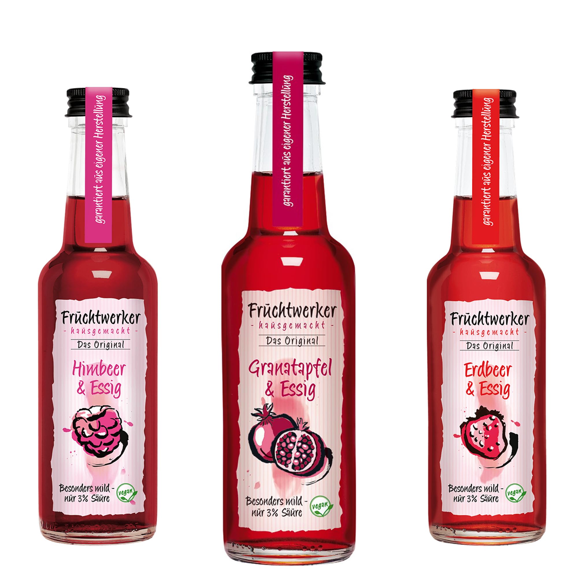 Fruchtwerker Set vinaigre et grenade I Différentes variétés I Fruité I Vinaigre de fruits I Set vinaigre I Pure végétale I Doux I Dans des bouteilles en verre (grenade + framboise + fraise)