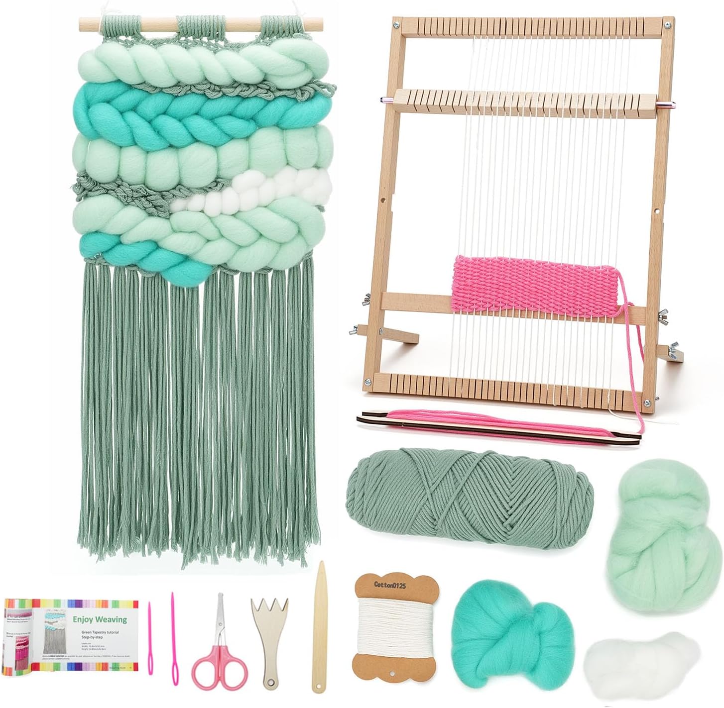 Weaving Loom for Beginners Adults/Kids and 1 Set of Weaving Works Complete Yarn Kit with Detailed Friendly Instructions, Parents and Children in The Holiday Experience Weaving Brings Fun Green