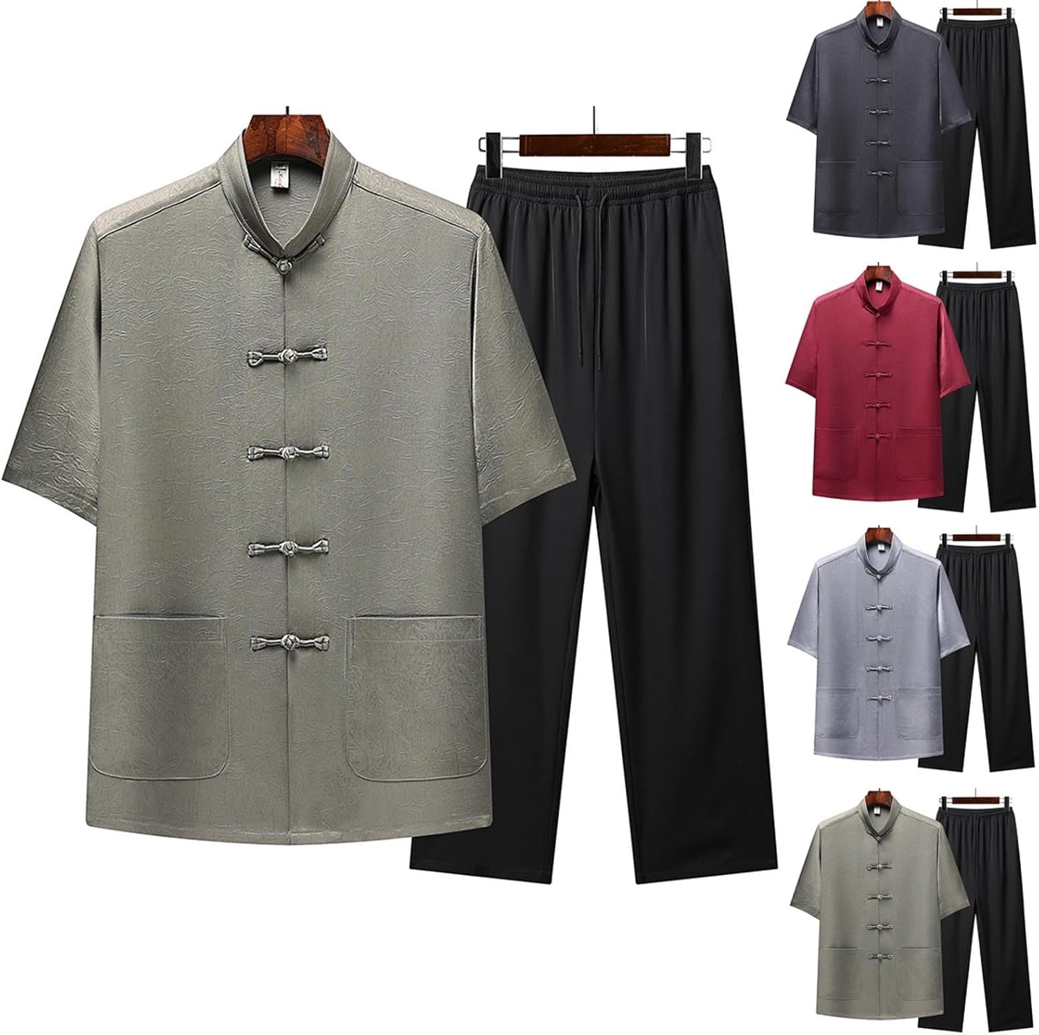 Cambkatl Men's Tang Suit Chinese Traditional Mandarin Collar Kung Fu Shirts Short Sleeve Tai Chi Clothes 2 Piece Outfits