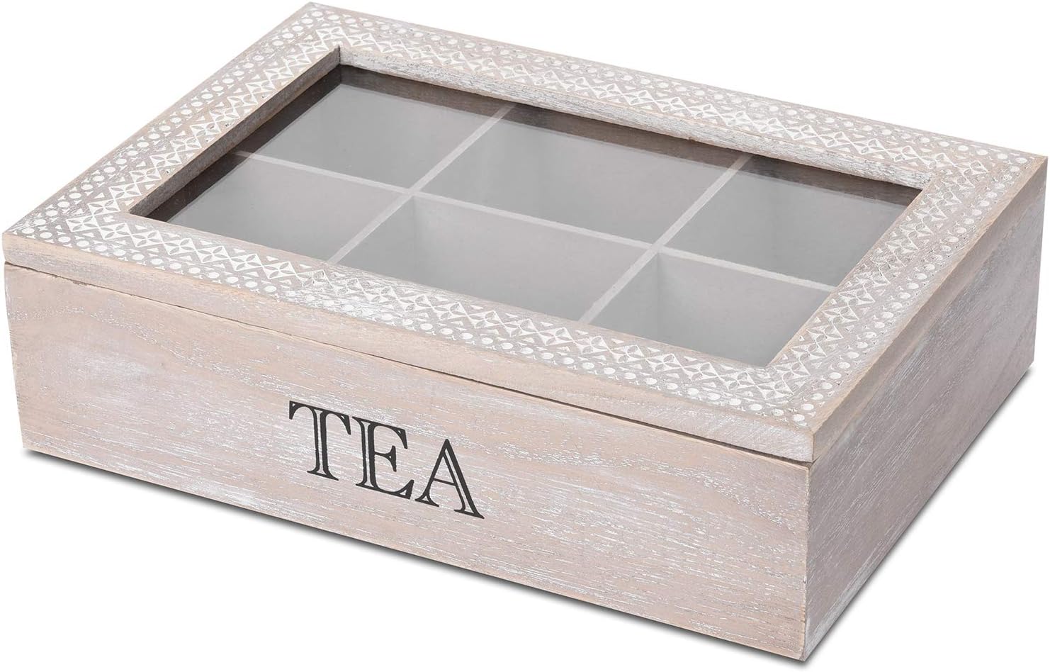 Wooden Tea Storage Box with Window and 6 x Compartments, 24 x 17 x 7cm, Wood Colour / White