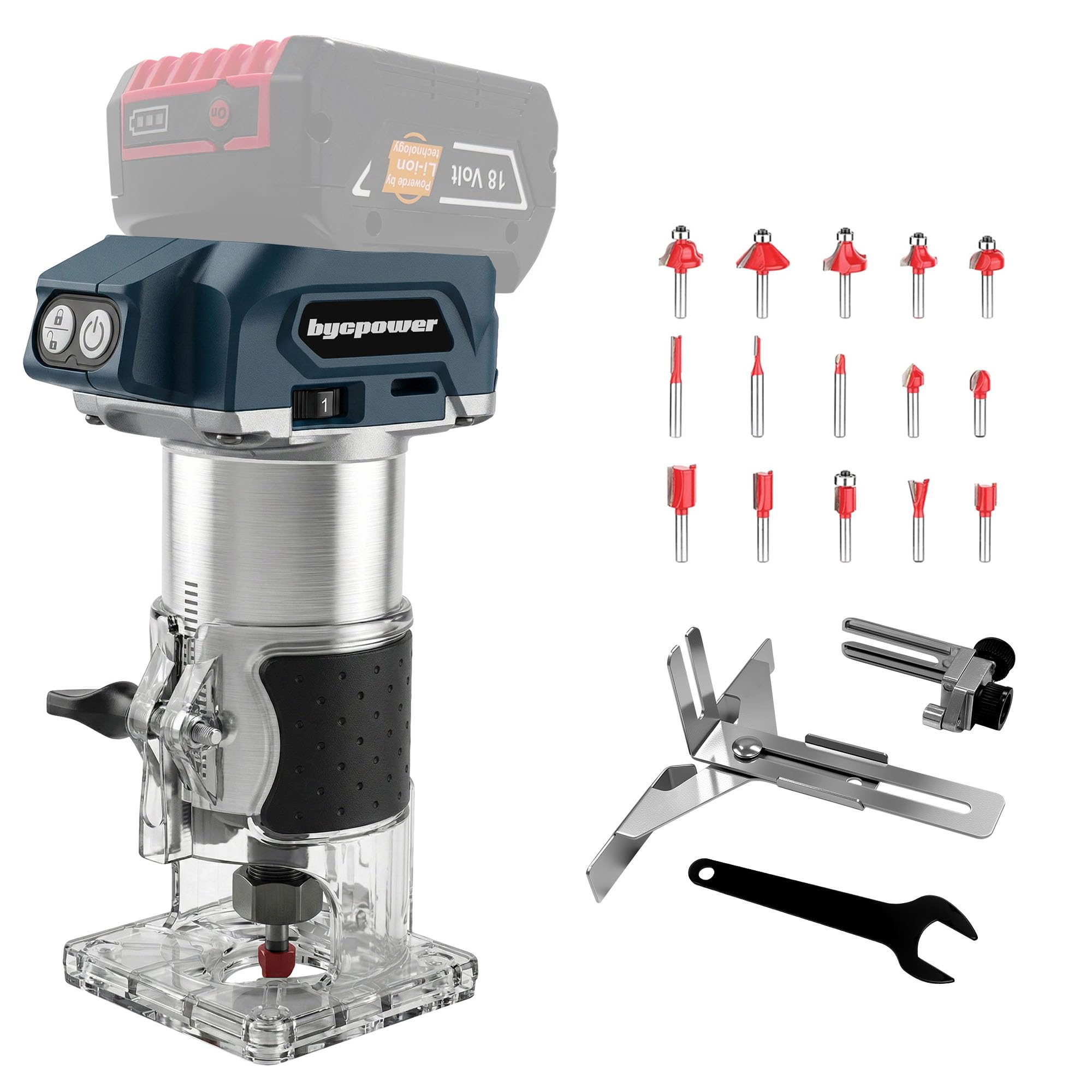 Bycpower Akku Oberfräse für Bosch 18V Akku, 30000 RPM Bürstenloser Motor, 5-Stufen Kantenfräse, Kabellose Holzfräse mit 6,35mm Durchmesser, mit 15pcs 1/4" Fräser für Holz & Kunststoff (ohne Akku)