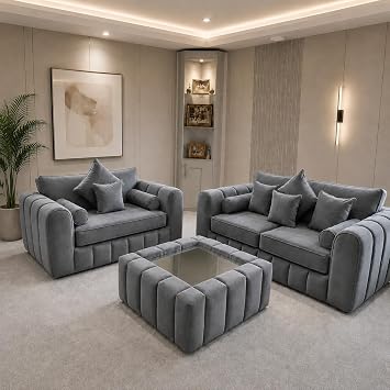 3+2 lilly Fabric Sofa Set with Free Coffee Table | Modern Living Room Sofa Set | Premium Upholstered Couch | Available in Cream, Silver, Beige, Brown & Dark Grey Dark Gray
