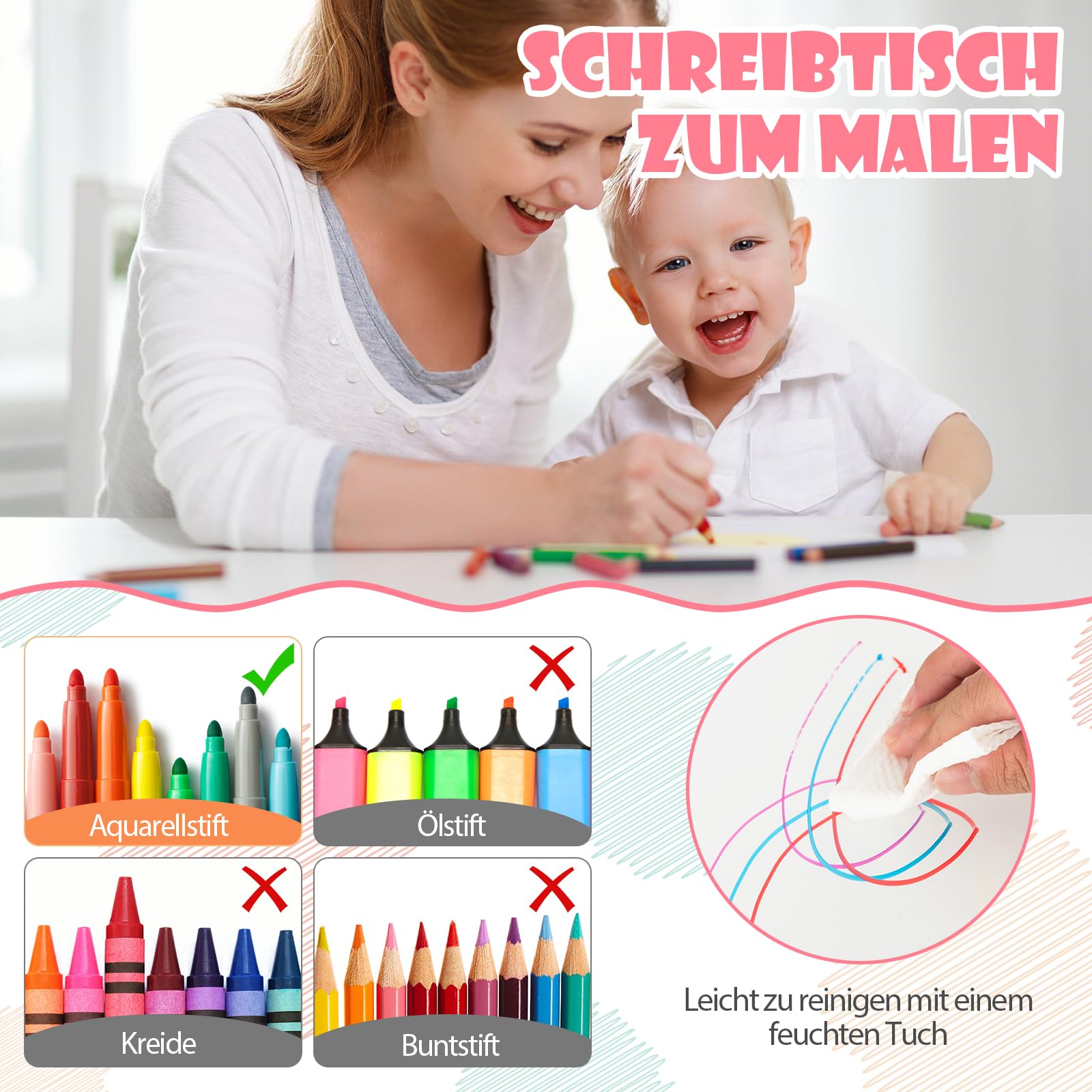 DREAMADE Kindertisch mit 4 Stühlen, Höhenverstellbares Kinder Tisch und Stuhl Set mit Graffititischplatte & rutschfesten Beinen, Kindersitzgruppe Kindermöbel für Kindergärten und Kinderzimmer (Rosa)