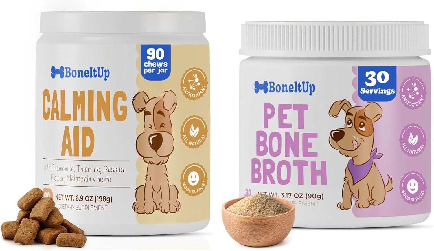 BoneItUp Bone Broth Powder (30 Serivings)+ Calming Chews for Dogs (90 Ct) – Natural Beef-Chicken Broth & Relaxation Support