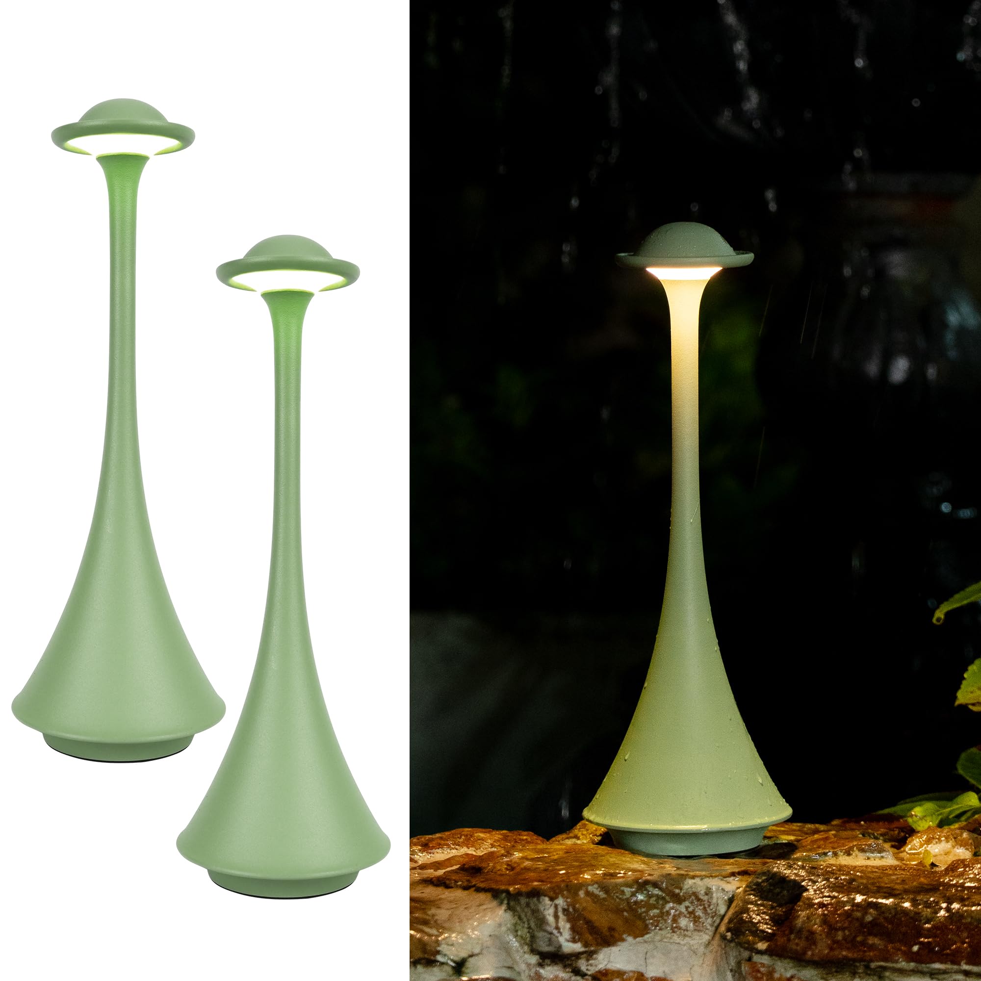 LuminexDesigns 2-Pack Futuristic Cordless LED Table Lamp Rechargeable–Minimalist Sage Green Metal Design,Touch Dimmable Bedside Lamp for Living Room,Dining Table & Cozy Ambient Lighting